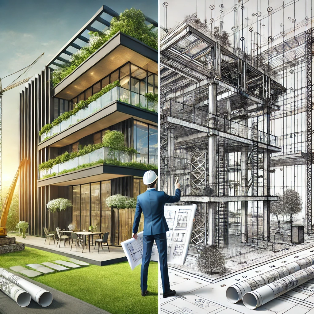 DALL·E 2024-07-23 14.40.37 - An image demonstrating architectural and structural design with someone working on it. The left half shows a beautiful, modern building design with gl