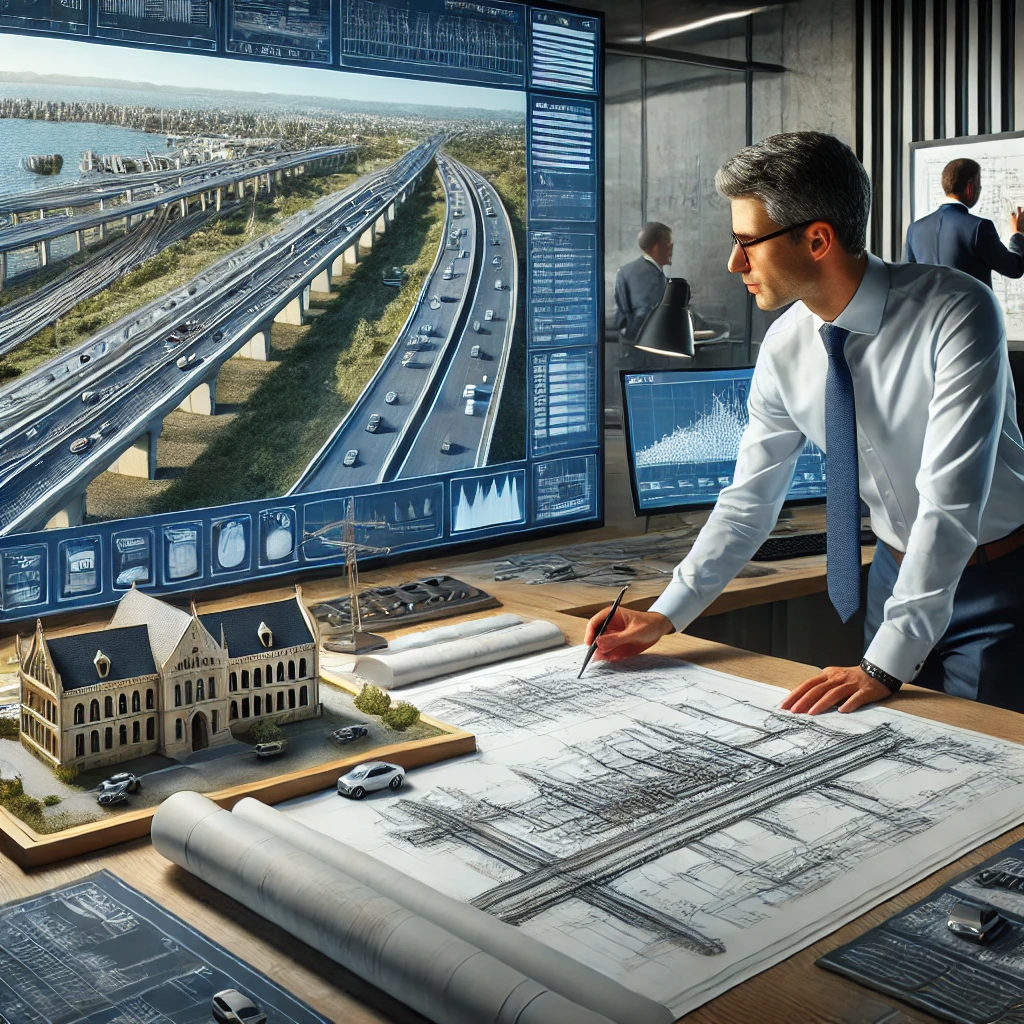 DALL·E 2024-07-23 14.46.04 - A realistic image demonstrating expertise in infrastructure design. The scene includes a professional engineer in a modern office, working on detailed