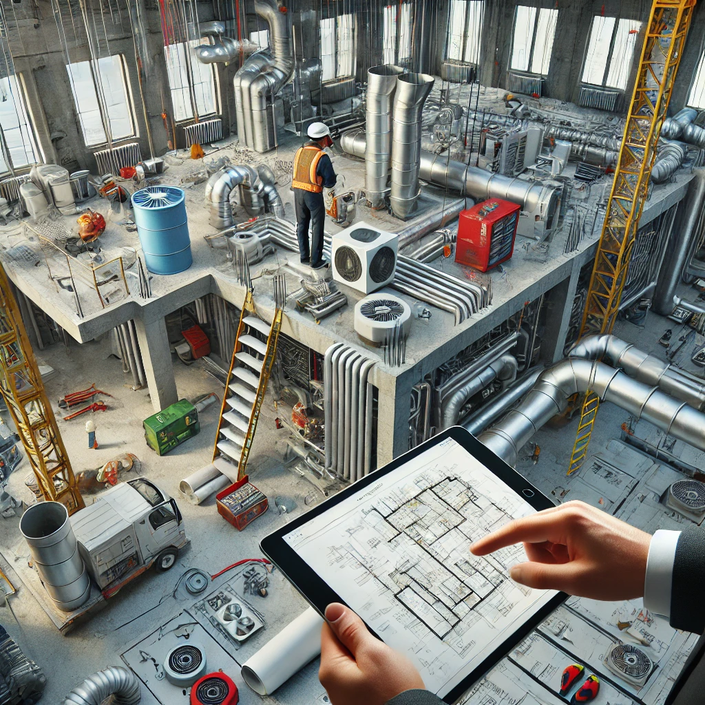 DALL·E 2024-07-23 14.46.24 - A realistic image of someone working on Mechanical, Electrical, and Plumbing (MEP) Design. The scene includes a construction site with visible HVAC du